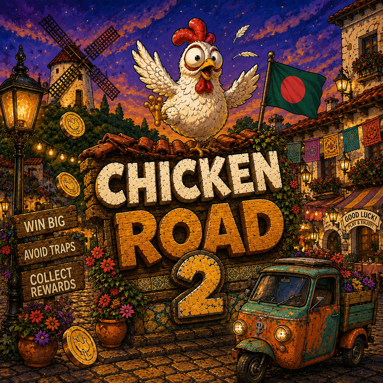 Chicken Road 2 street scene with Bangladesh flag and chicken character