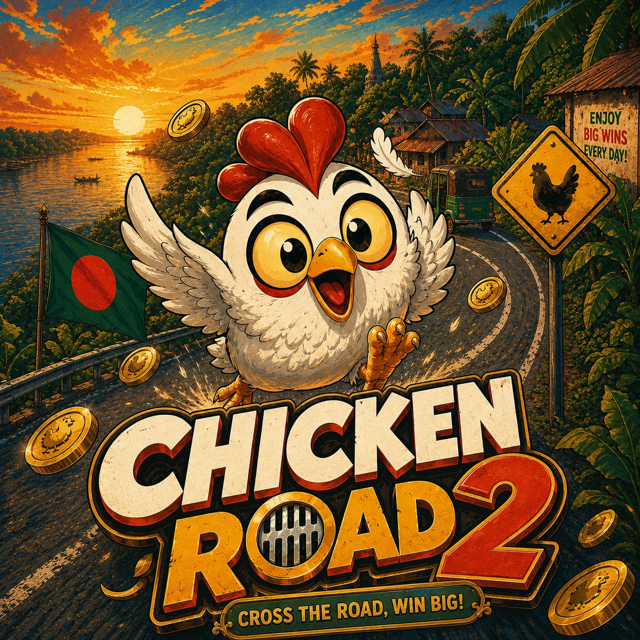 Chicken Road 2 artwork with Bangladesh flag and sunset road