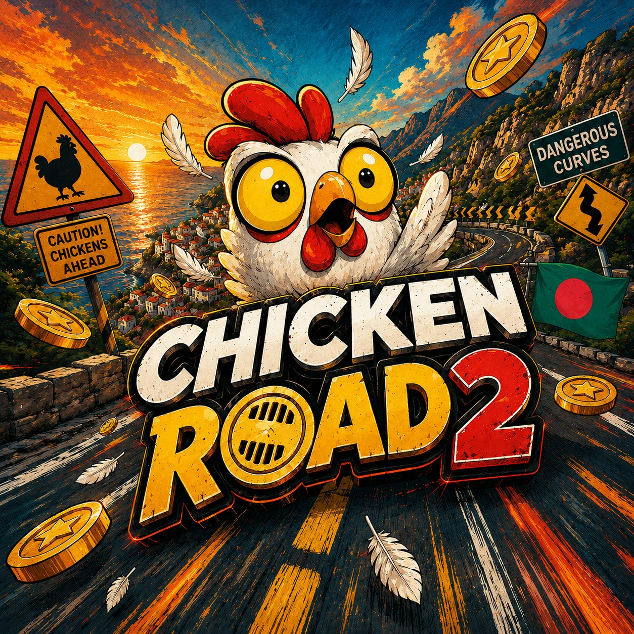 Chicken Road 2 road sign artwork with Bangladesh flag