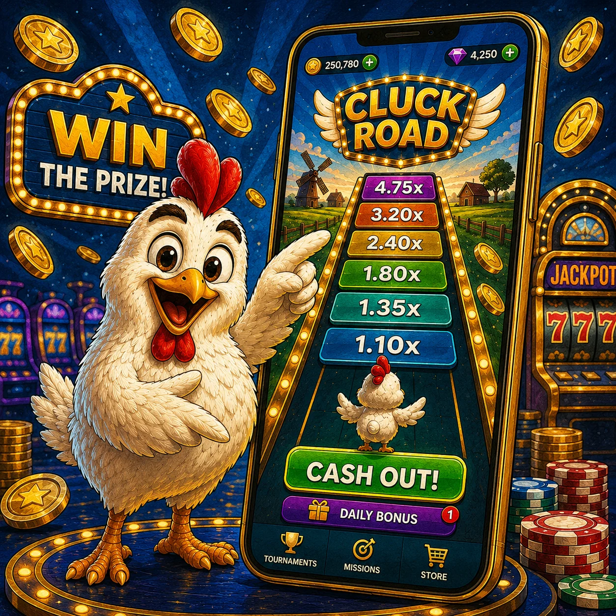 Chicken Road mobile cashout screen with chicken character